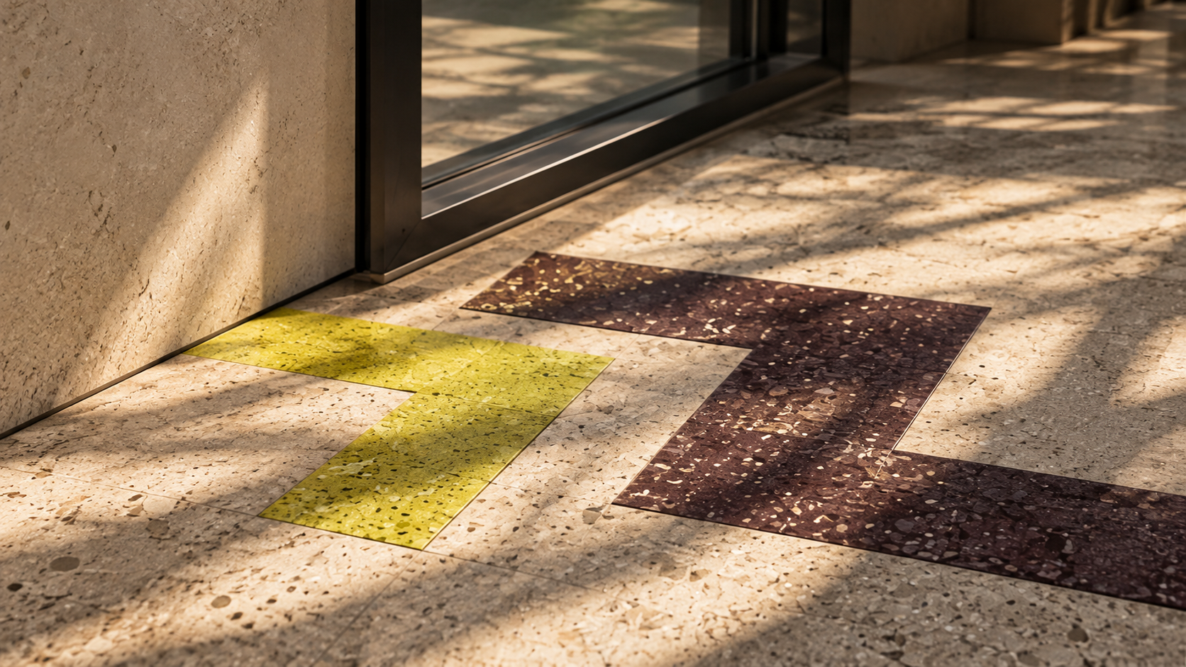 Piso de terrazzo iluminado pelo sol com faixas geométricas